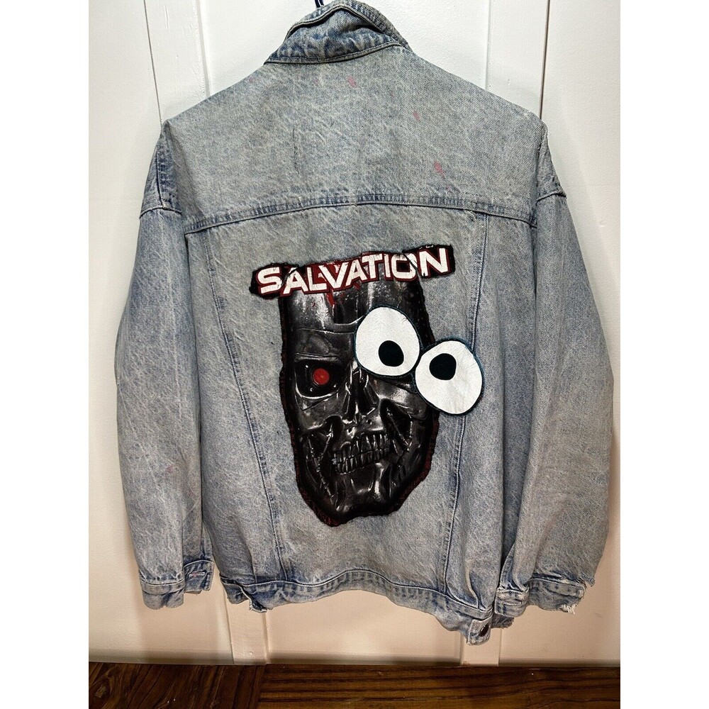 Custom One Of A Kind Rocker Jean Jacket With Patch Destroyed Grunge Hair Band